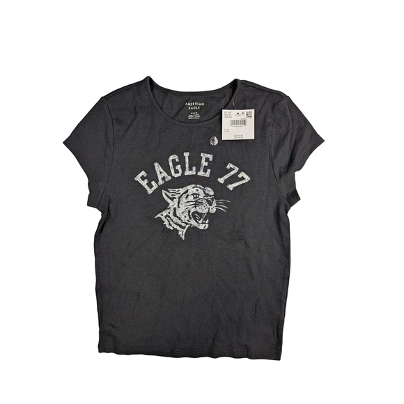 American Eagle Outfitters Tops - American Eagle Grey Ribbed Graphic Baby Tee Eagle 77 Tiger Short Sleeve Medium